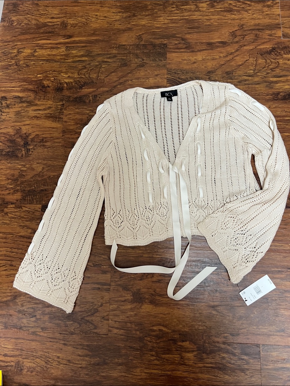 NWT BCX Cream Open Knit Tie-Front Cardigan
